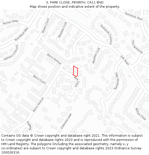 3, PARK CLOSE, PENRITH, CA11 8ND: Location map and indicative extent of plot