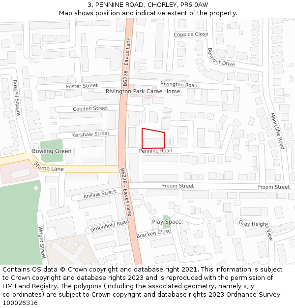 3, PENNINE ROAD, CHORLEY, PR6 0AW: Location map and indicative extent of plot