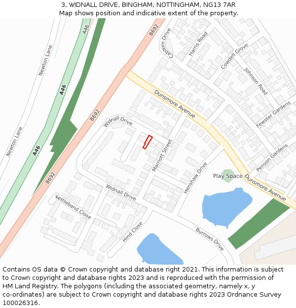 3, WIDNALL DRIVE, BINGHAM, NOTTINGHAM, NG13 7AR: Location map and indicative extent of plot