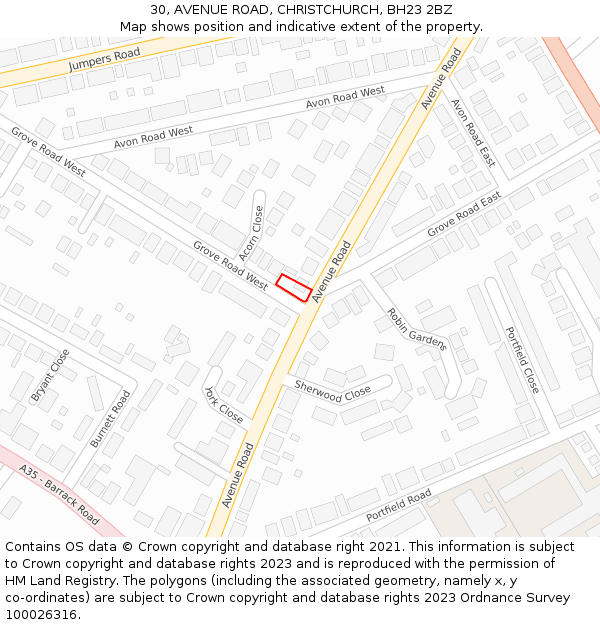 30, AVENUE ROAD, CHRISTCHURCH, BH23 2BZ: Location map and indicative extent of plot