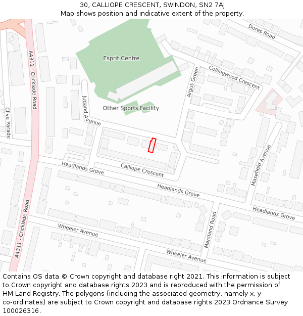 30, CALLIOPE CRESCENT, SWINDON, SN2 7AJ: Location map and indicative extent of plot