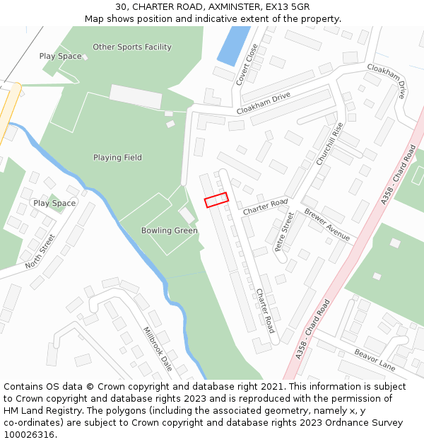 30, CHARTER ROAD, AXMINSTER, EX13 5GR: Location map and indicative extent of plot