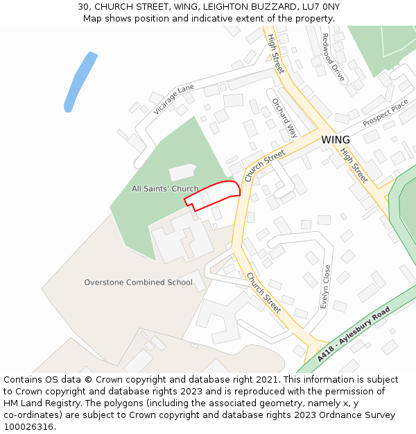 30, CHURCH STREET, WING, LEIGHTON BUZZARD, LU7 0NY: Location map and indicative extent of plot