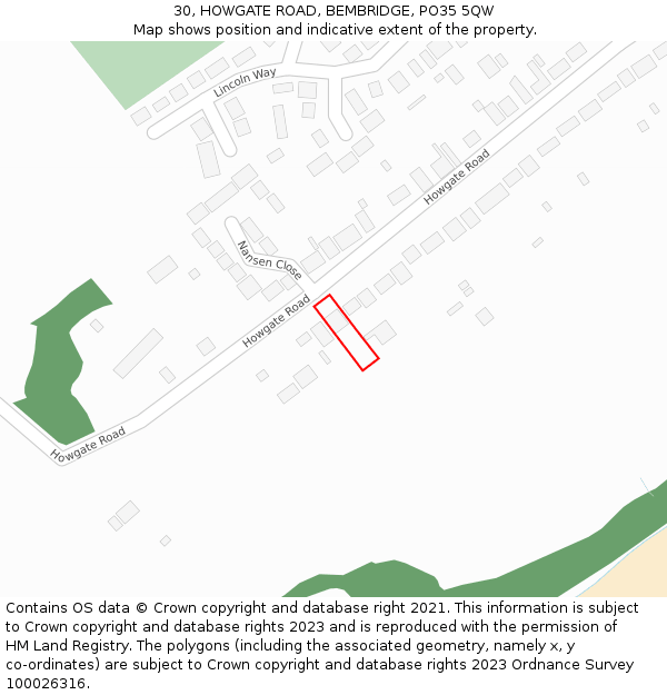 30, HOWGATE ROAD, BEMBRIDGE, PO35 5QW: Location map and indicative extent of plot
