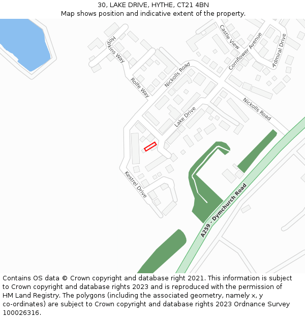30, LAKE DRIVE, HYTHE, CT21 4BN: Location map and indicative extent of plot