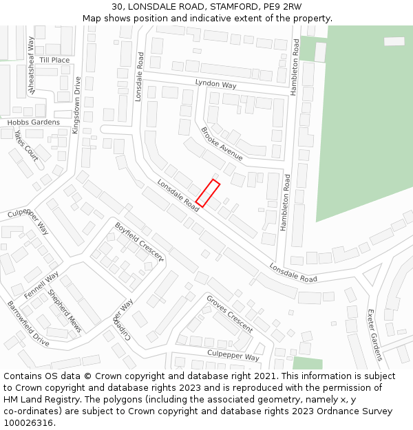 30, LONSDALE ROAD, STAMFORD, PE9 2RW: Location map and indicative extent of plot