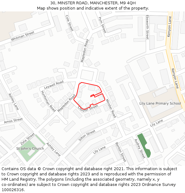 30, MINSTER ROAD, MANCHESTER, M9 4QH: Location map and indicative extent of plot