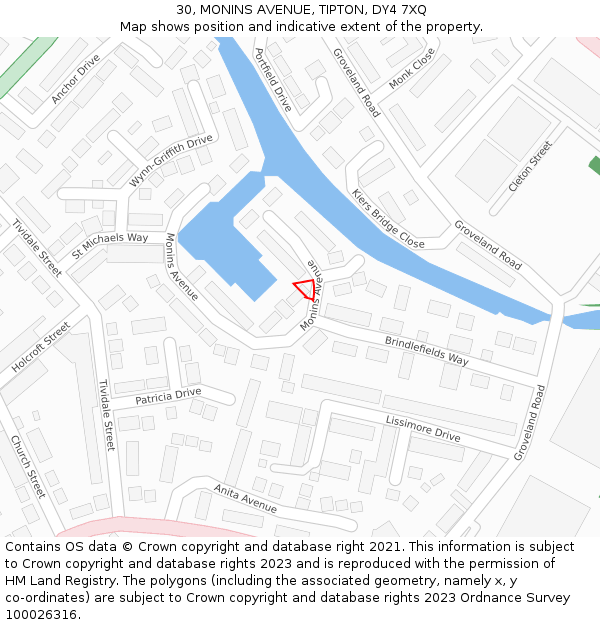 30, MONINS AVENUE, TIPTON, DY4 7XQ: Location map and indicative extent of plot