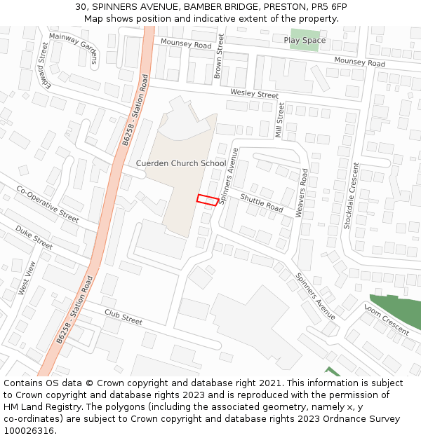 30, SPINNERS AVENUE, BAMBER BRIDGE, PRESTON, PR5 6FP: Location map and indicative extent of plot