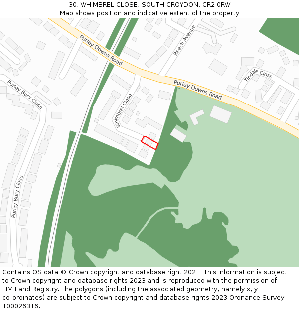 30, WHIMBREL CLOSE, SOUTH CROYDON, CR2 0RW: Location map and indicative extent of plot