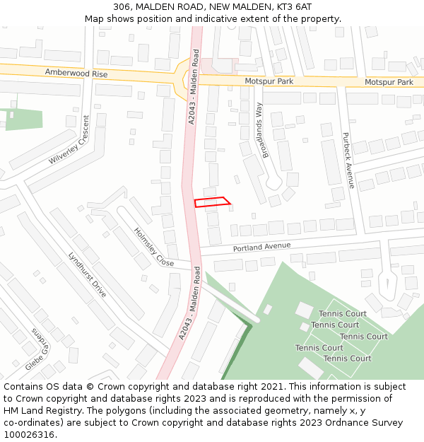 306, MALDEN ROAD, NEW MALDEN, KT3 6AT: Location map and indicative extent of plot