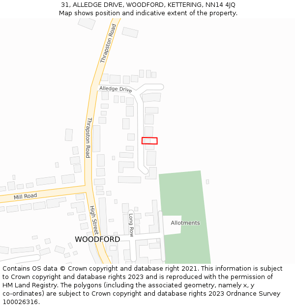 31, ALLEDGE DRIVE, WOODFORD, KETTERING, NN14 4JQ: Location map and indicative extent of plot