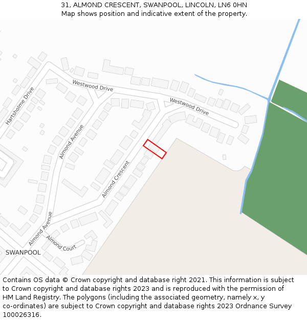 31, ALMOND CRESCENT, SWANPOOL, LINCOLN, LN6 0HN: Location map and indicative extent of plot