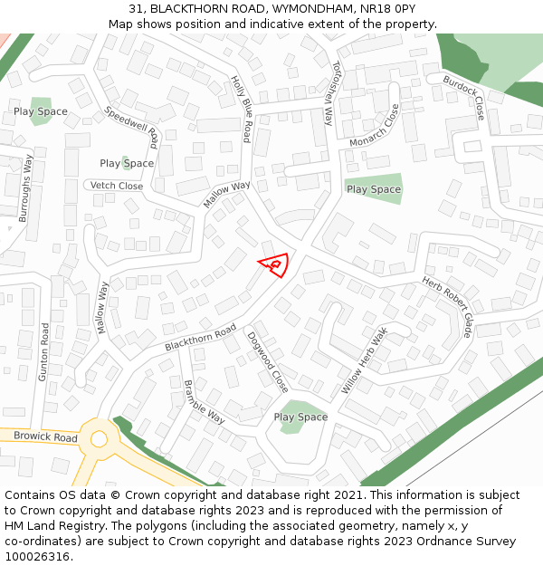 31, BLACKTHORN ROAD, WYMONDHAM, NR18 0PY: Location map and indicative extent of plot
