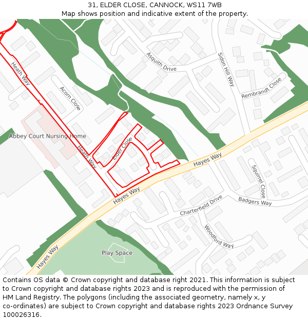 31, ELDER CLOSE, CANNOCK, WS11 7WB: Location map and indicative extent of plot