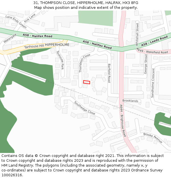 31, THOMPSON CLOSE, HIPPERHOLME, HALIFAX, HX3 8FG: Location map and indicative extent of plot