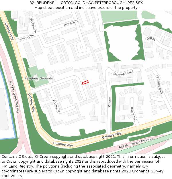 32, BRUDENELL, ORTON GOLDHAY, PETERBOROUGH, PE2 5SX: Location map and indicative extent of plot