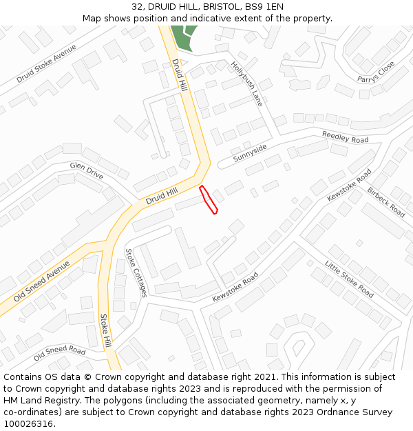 32, DRUID HILL, BRISTOL, BS9 1EN: Location map and indicative extent of plot