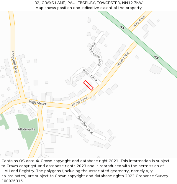 32, GRAYS LANE, PAULERSPURY, TOWCESTER, NN12 7NW: Location map and indicative extent of plot