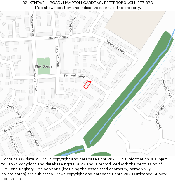 32, KENTWELL ROAD, HAMPTON GARDENS, PETERBOROUGH, PE7 8RD: Location map and indicative extent of plot