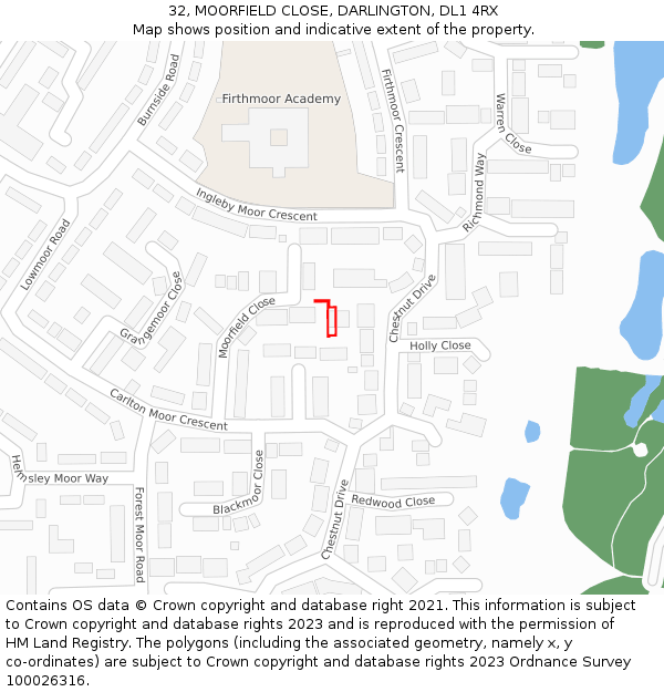 32, MOORFIELD CLOSE, DARLINGTON, DL1 4RX: Location map and indicative extent of plot