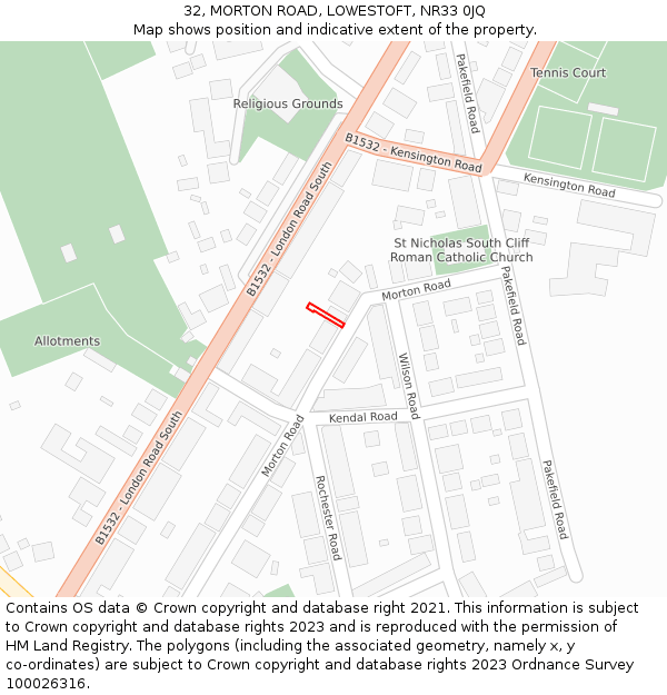 32, MORTON ROAD, LOWESTOFT, NR33 0JQ: Location map and indicative extent of plot