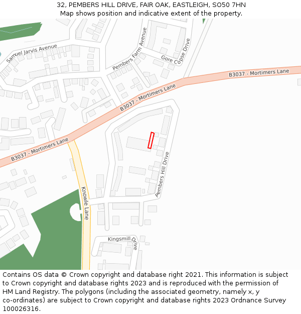 32, PEMBERS HILL DRIVE, FAIR OAK, EASTLEIGH, SO50 7HN: Location map and indicative extent of plot