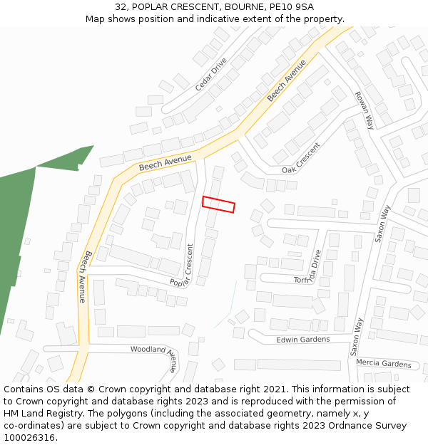 32, POPLAR CRESCENT, BOURNE, PE10 9SA: Location map and indicative extent of plot