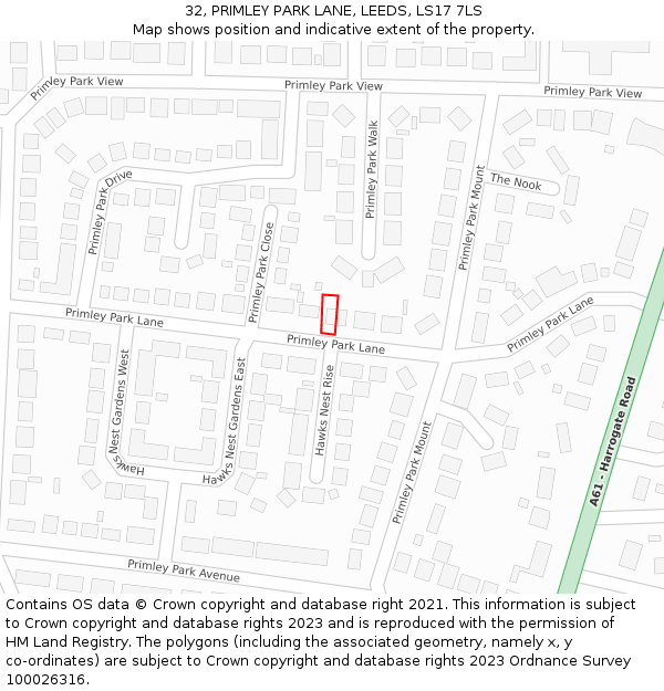 32, PRIMLEY PARK LANE, LEEDS, LS17 7LS: Location map and indicative extent of plot