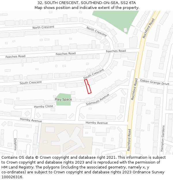 32, SOUTH CRESCENT, SOUTHEND-ON-SEA, SS2 6TA: Location map and indicative extent of plot