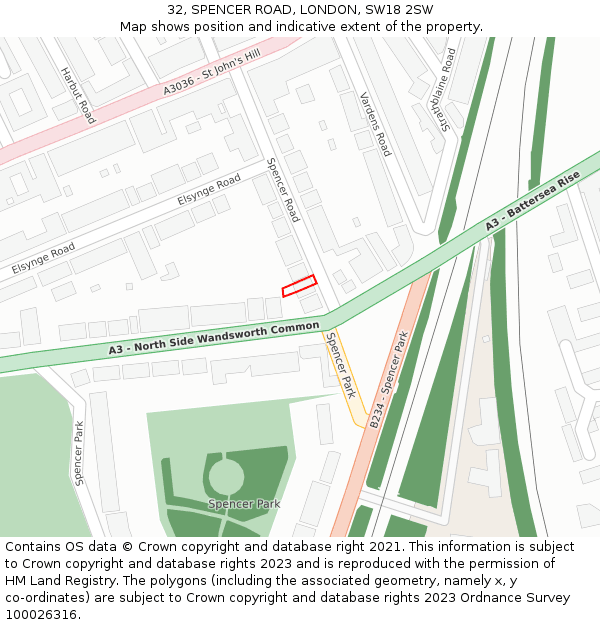32, SPENCER ROAD, LONDON, SW18 2SW: Location map and indicative extent of plot