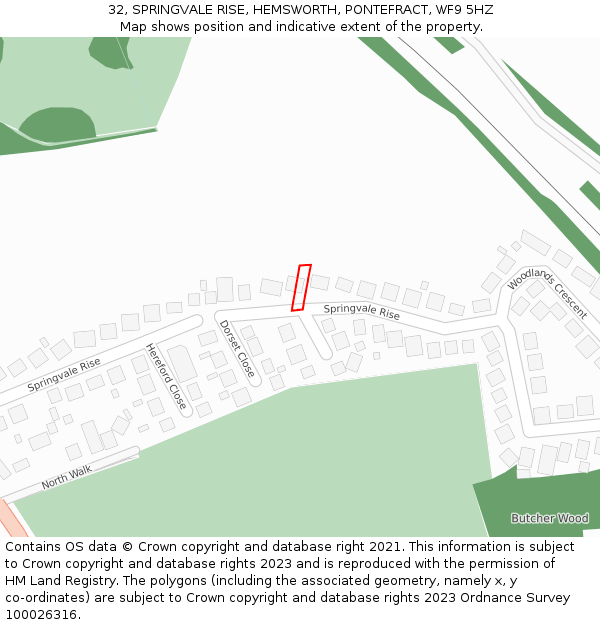 32, SPRINGVALE RISE, HEMSWORTH, PONTEFRACT, WF9 5HZ: Location map and indicative extent of plot