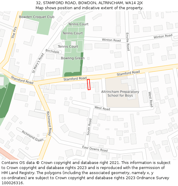 32, STAMFORD ROAD, BOWDON, ALTRINCHAM, WA14 2JX: Location map and indicative extent of plot