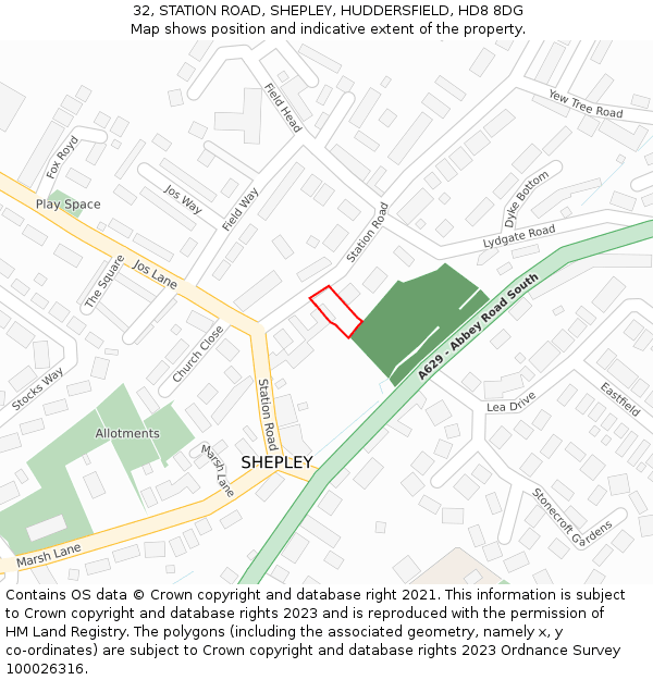32, STATION ROAD, SHEPLEY, HUDDERSFIELD, HD8 8DG: Location map and indicative extent of plot