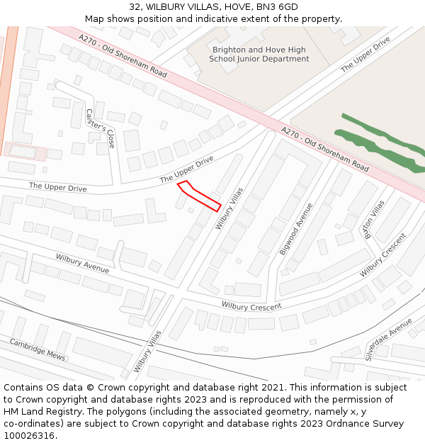 32, WILBURY VILLAS, HOVE, BN3 6GD: Location map and indicative extent of plot