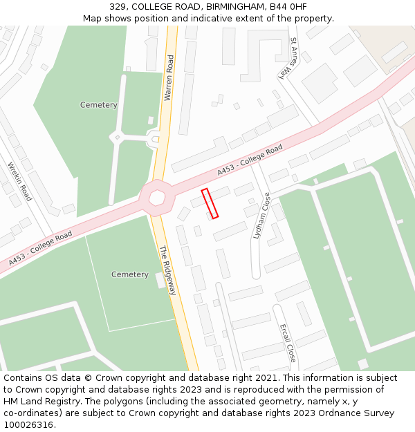 329, COLLEGE ROAD, BIRMINGHAM, B44 0HF: Location map and indicative extent of plot