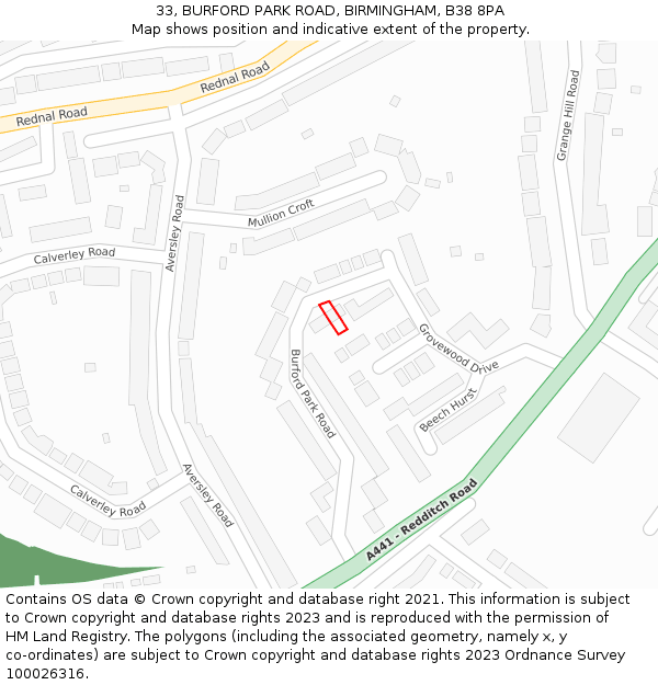 33, BURFORD PARK ROAD, BIRMINGHAM, B38 8PA: Location map and indicative extent of plot
