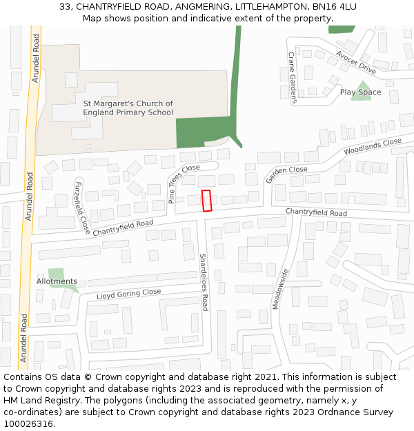 33, CHANTRYFIELD ROAD, ANGMERING, LITTLEHAMPTON, BN16 4LU: Location map and indicative extent of plot