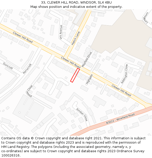 33, CLEWER HILL ROAD, WINDSOR, SL4 4BU: Location map and indicative extent of plot