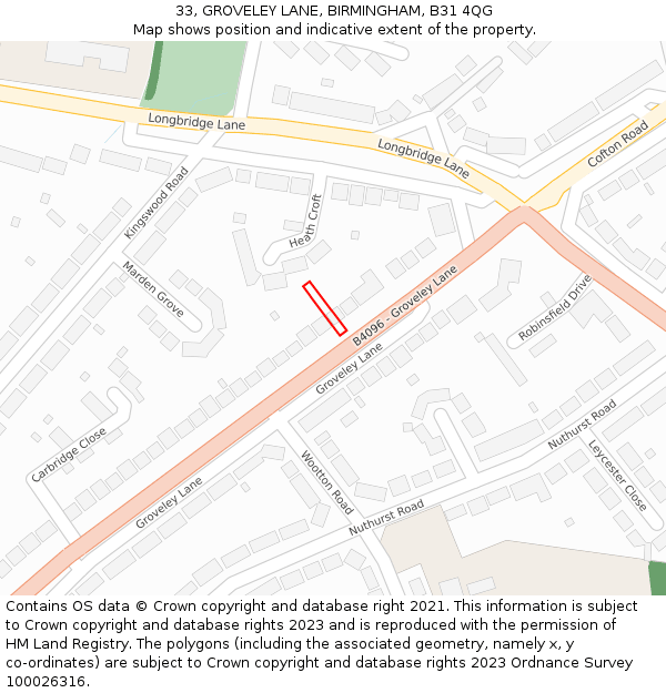 33, GROVELEY LANE, BIRMINGHAM, B31 4QG: Location map and indicative extent of plot