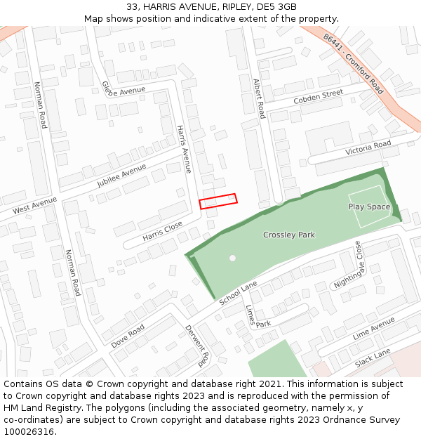 33, HARRIS AVENUE, RIPLEY, DE5 3GB: Location map and indicative extent of plot