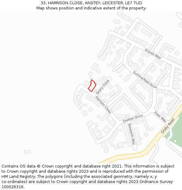 33, HARRISON CLOSE, ANSTEY, LEICESTER, LE7 7UD: Location map and indicative extent of plot