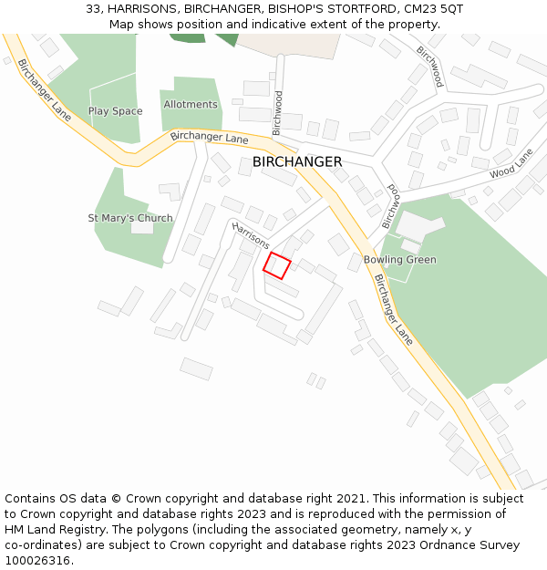 33, HARRISONS, BIRCHANGER, BISHOP'S STORTFORD, CM23 5QT: Location map and indicative extent of plot