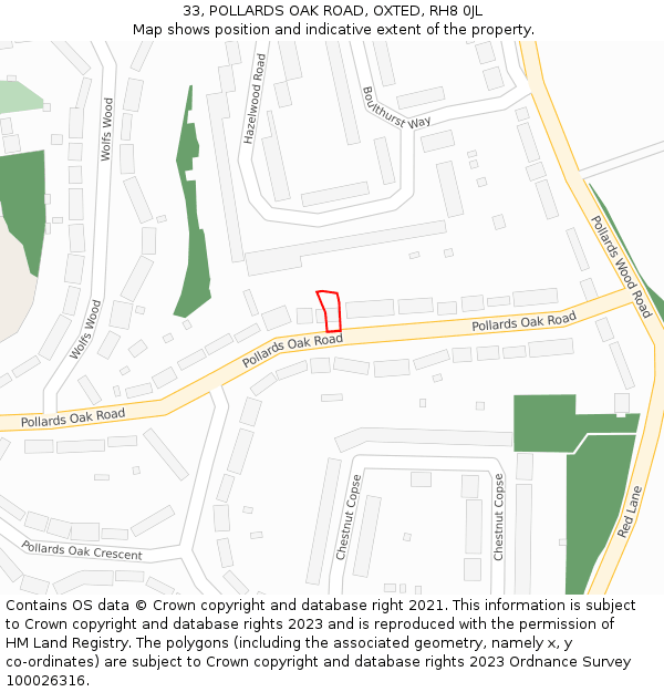 33, POLLARDS OAK ROAD, OXTED, RH8 0JL: Location map and indicative extent of plot