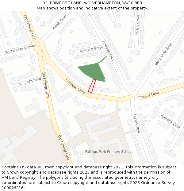 33, PRIMROSE LANE, WOLVERHAMPTON, WV10 8RR: Location map and indicative extent of plot