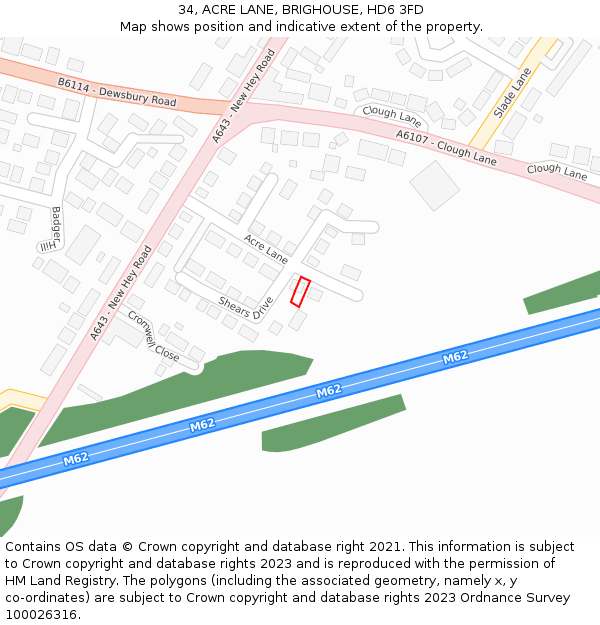 34, ACRE LANE, BRIGHOUSE, HD6 3FD: Location map and indicative extent of plot