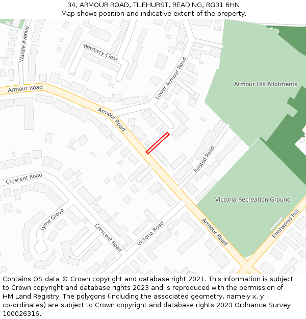 34, ARMOUR ROAD, TILEHURST, READING, RG31 6HN: Location map and indicative extent of plot