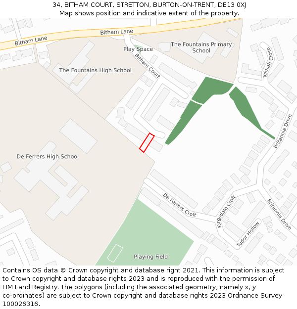 34, BITHAM COURT, STRETTON, BURTON-ON-TRENT, DE13 0XJ: Location map and indicative extent of plot