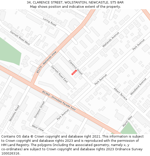 34, CLARENCE STREET, WOLSTANTON, NEWCASTLE, ST5 8AR: Location map and indicative extent of plot
