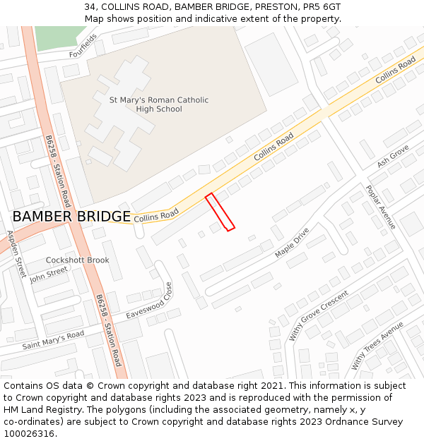 34, COLLINS ROAD, BAMBER BRIDGE, PRESTON, PR5 6GT: Location map and indicative extent of plot